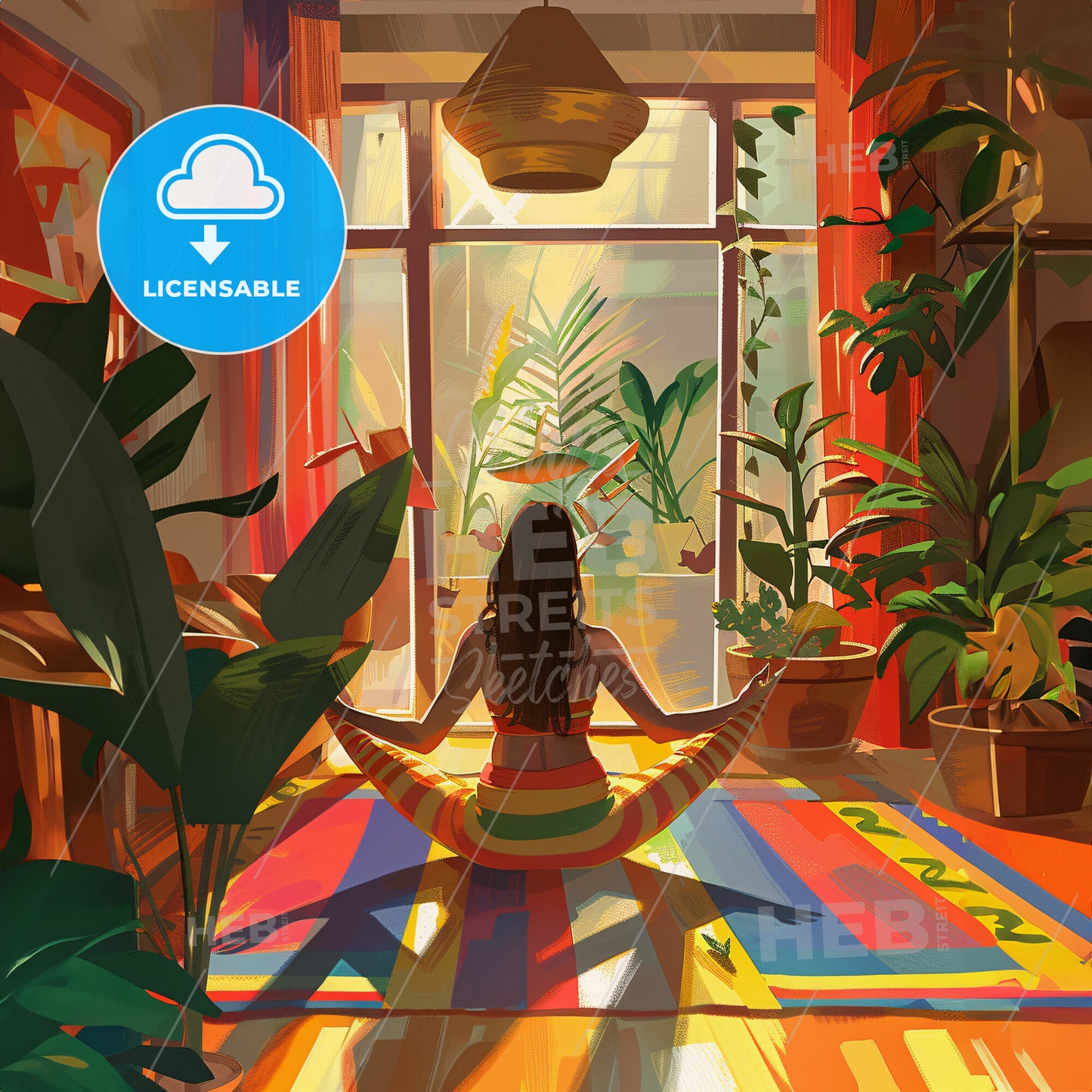 a girl doing yoga in the middle of her living room - A woman sitting in a room with plants