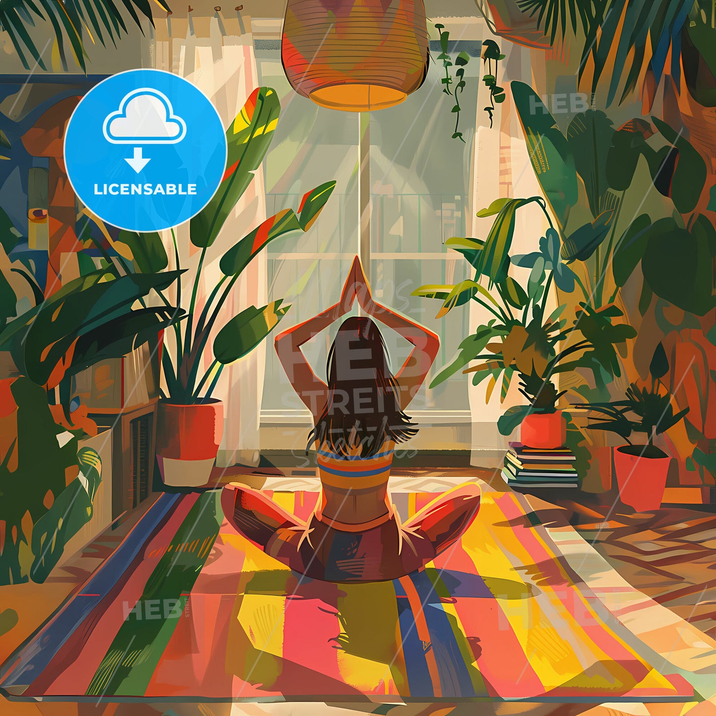 a girl doing yoga in the middle of her living room - A woman sitting on a rug in front of a window