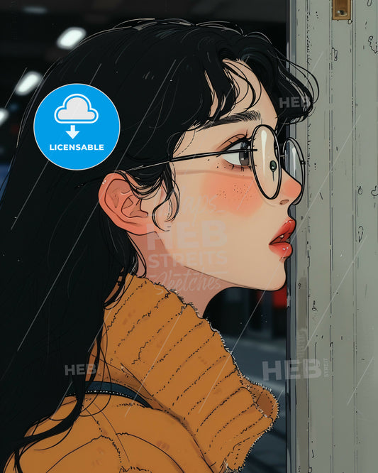 Serene Girl Portrait in Gongbi Style on Bright Beige - A cartoon of a woman leaning against a wall