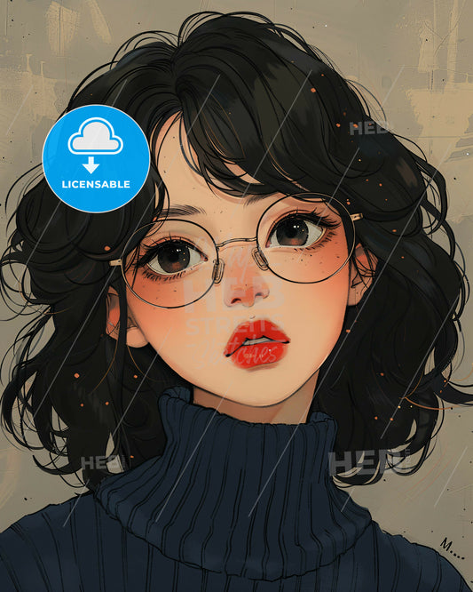 Serene Portrait in Gongbi Style - A woman with glasses and red lips