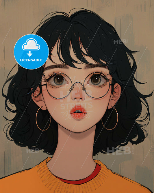 Gongbi Girl in Glasses with Sweater - A cartoon of a woman with glasses