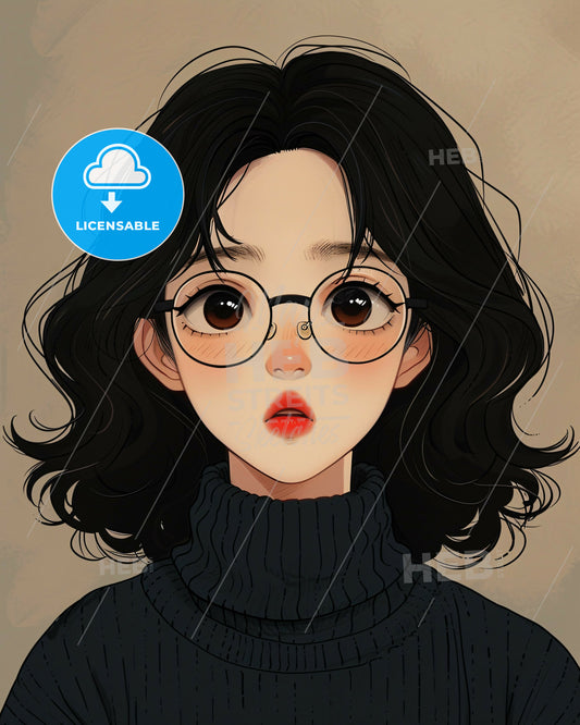 Gongbi Girl in Glasses - Soft-Edged Confessional - A cartoon of a woman wearing glasses