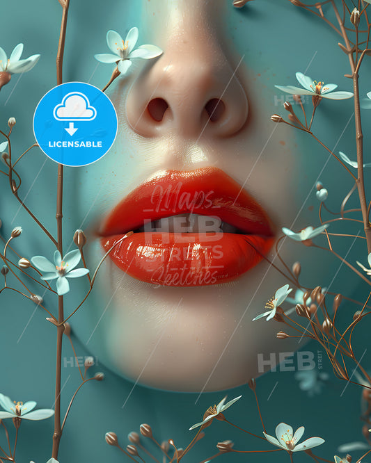 Artistic portrayal of luscious lips on blue backdrop adorned with white flowers, capturing vibrant beauty