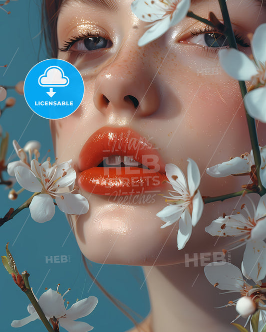 Artistic Delight: Luscious Lips of a Girl Amidst Gentle White Blooms against a Captivating Blue Backdrop
