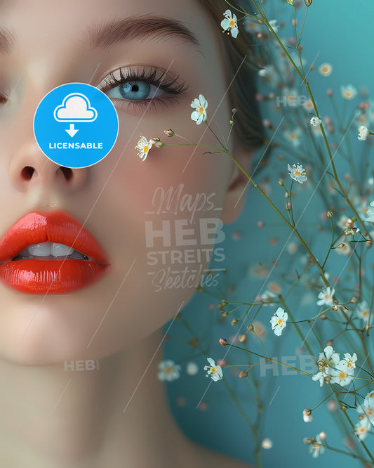 Blue flower background: Plump lips of a girl in vibrant artwork, showcasing artistic beauty.