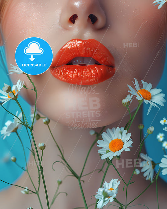 Artistic Floral Beauty: Lush Lips of a Girl Against a Blue Background, Blooming with White Flowers