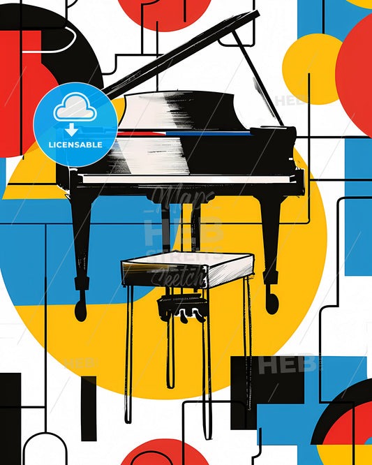 Vibrant 1960s Moderncore Indiecore Painting: Piano with Stool