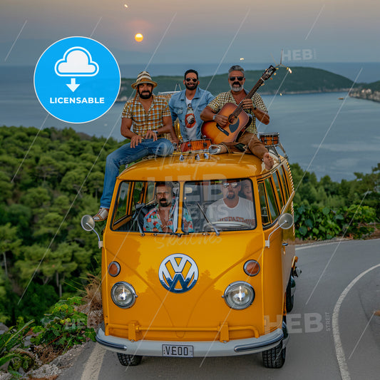 A Group Of Men Sitting On Top Of A Yellow Van With A Guitar And A Body Of Water