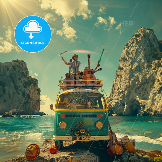 A Man Standing On A Van With A Guitar On Top