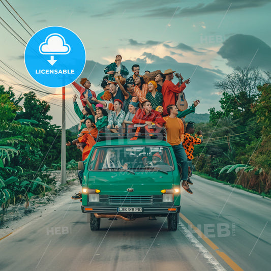 A Group Of People On Top Of A Green Car