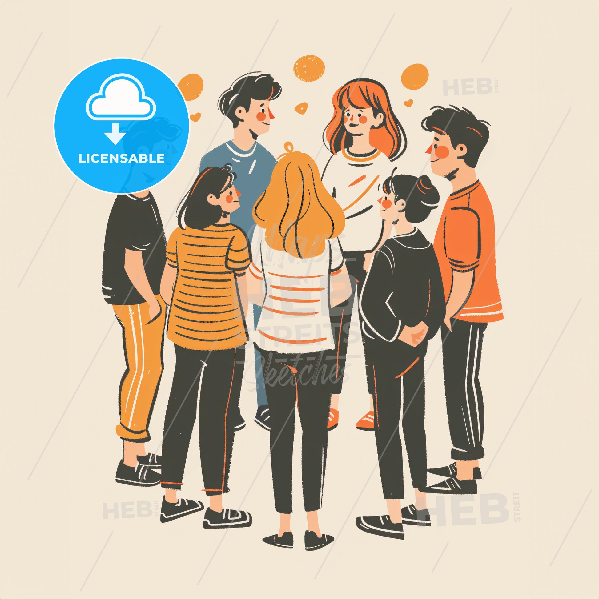 A group of teenagers stand in a circle - A colorful painting