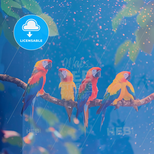 A Group Of Tropical Birds On A Tre - A Group Of Colorful Birds On A Branch