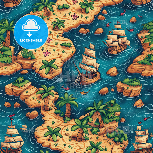 A Map Of An Island With Ships And Islands
