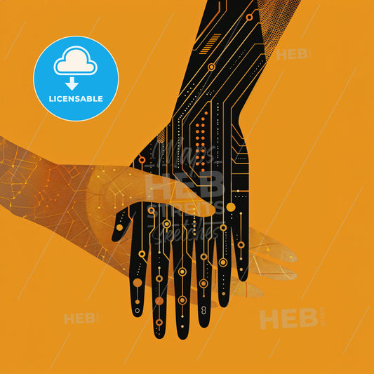 A handshake between a human hand and an AI hand - A hands holding each other