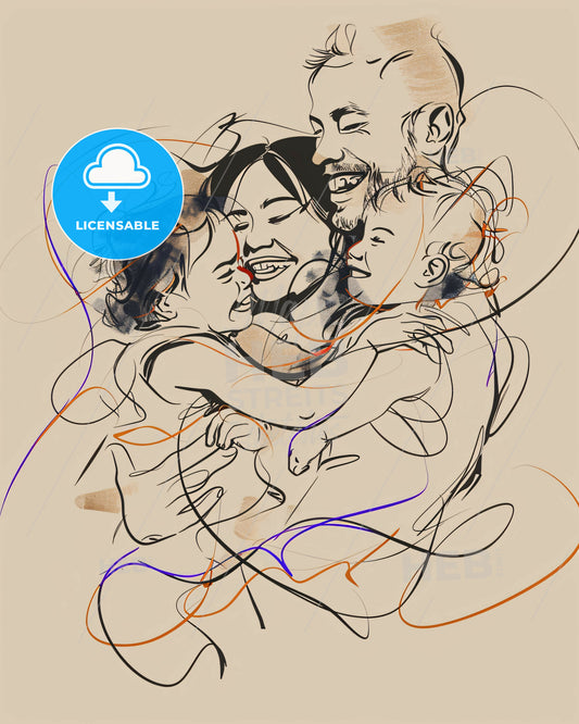 Happy Family Harmony in Modern Art Lines - A drawing of a family