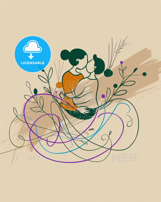 Happy Family: Modern Line Art with Earthy Hues - A couple kissing in a swirly environment