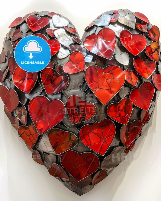 Laser Cut Metal Heart Art: Vibrant Red and White Heart Shape with Intricate Hearts Detail