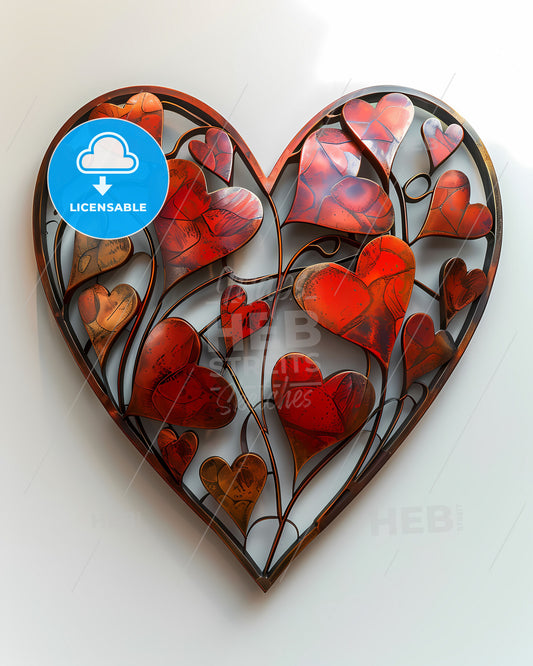 Laser Cut Metal Heart Sculpture: Vibrant Abstract Scarlet Heart Art with White Background