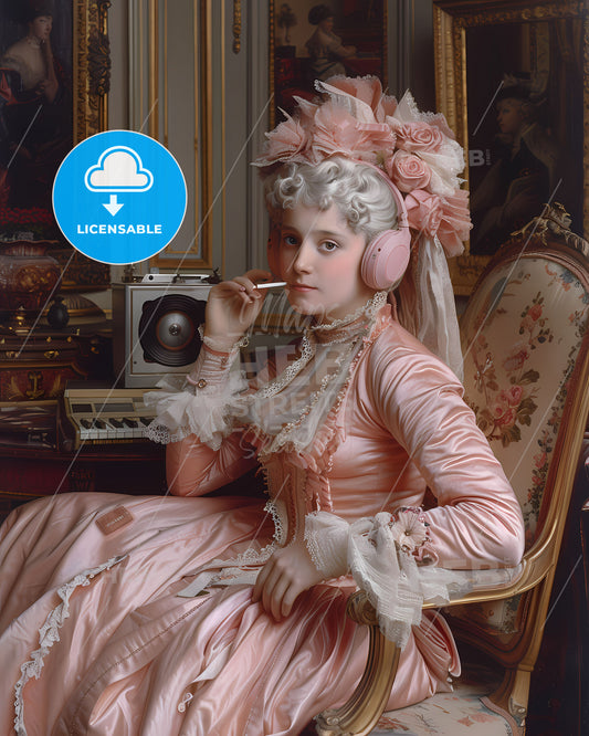 Elaborate Rococo Lady in Pink Smoking with Walkman Headphones Amidst Ornate Sculptures