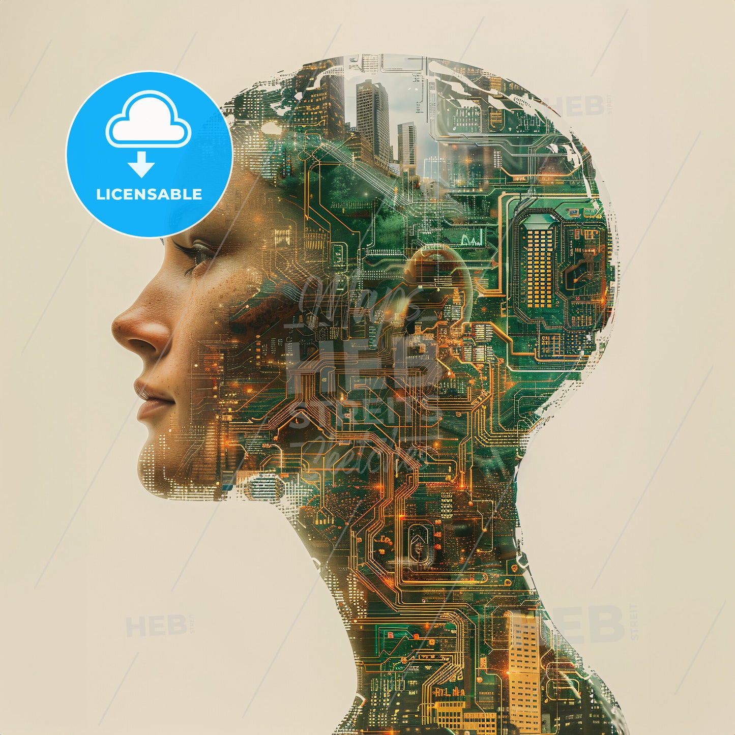 A Human Head Silhoutte With Shoulders - A Womans Head With A Circuit Board