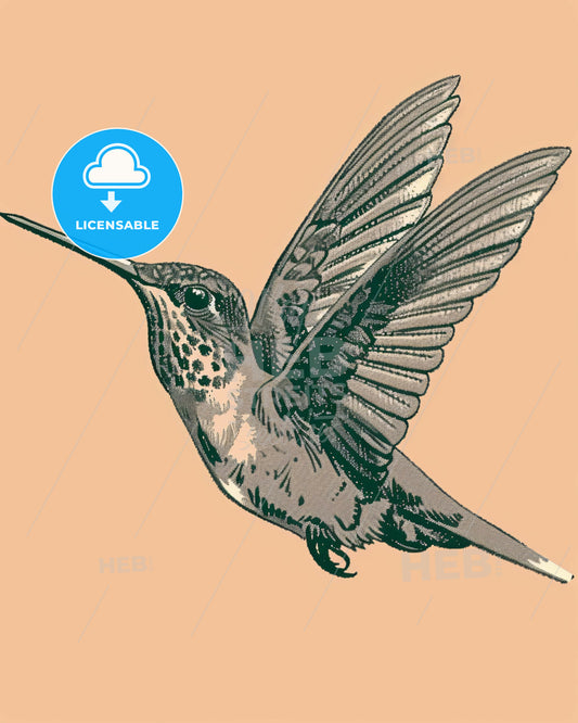 Beige Vibes: Hummingbird Line Art with Orange Pop - A bird flying in the air