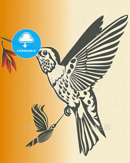 Minimalist Hummingbird on Beige, Line Art - A bird with a flower in its beak