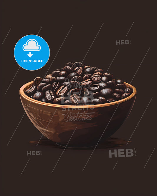 Vibrant Painting of Coffee Beans in a Bowl on Dark Background, Showcasing the Art