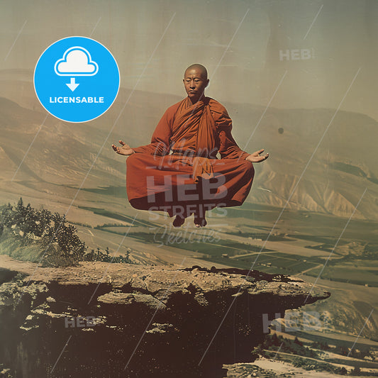 a illustration from the 70s of a tibetan monk meditating while levitating off of the groun - A monk in the air