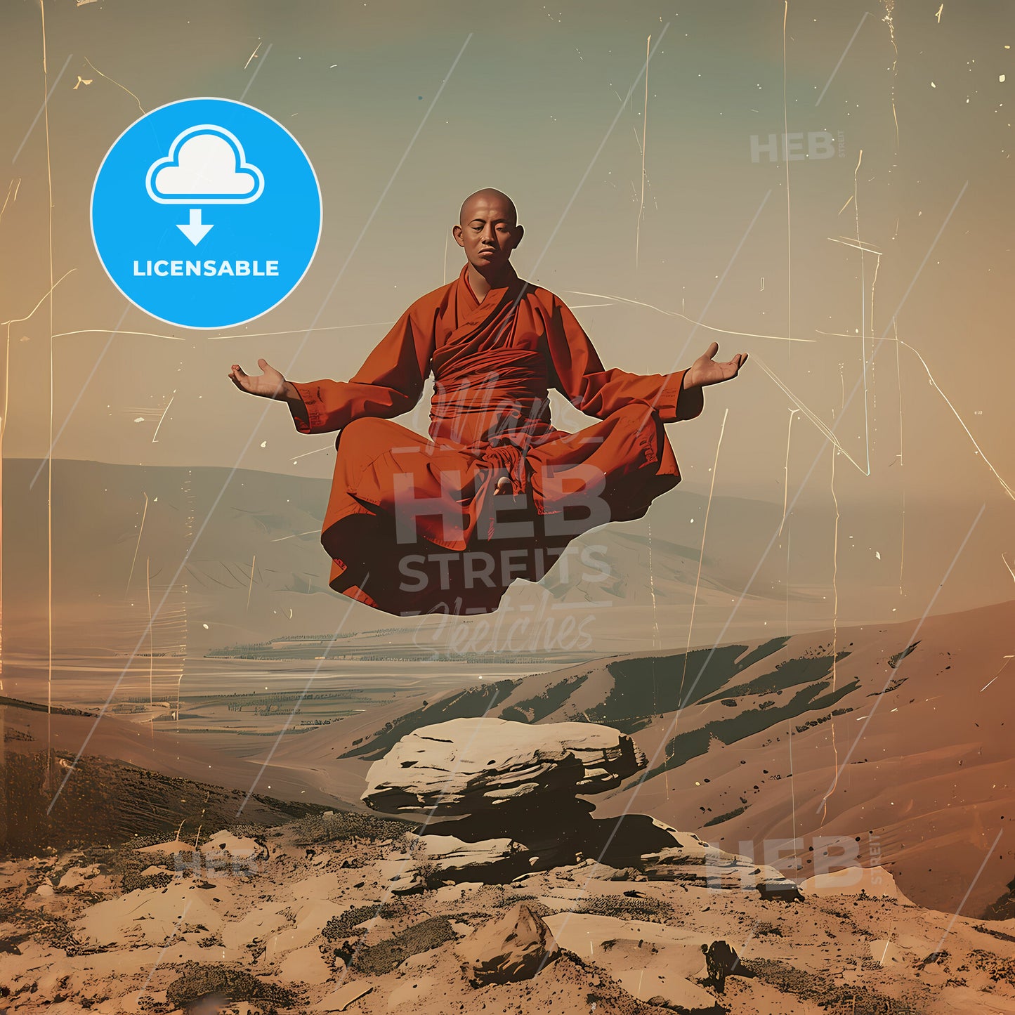 a illustration from the 70s of a tibetan monk meditating while levitating off of the groun - A man in a red robe jumping over a rock