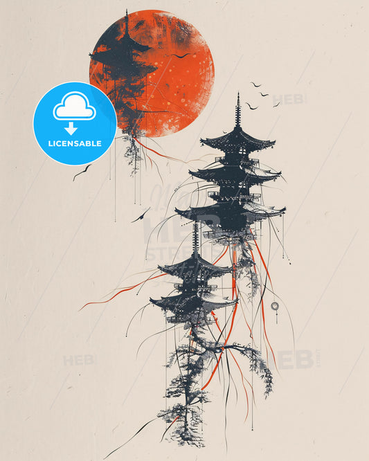 Zen Garden Serenity in Minimalist Lines - A painting of a pagoda and the sun