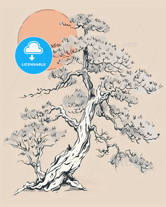 Serene Japanese Garden Line Art, Beige and Orange - A tree with branches and a sun