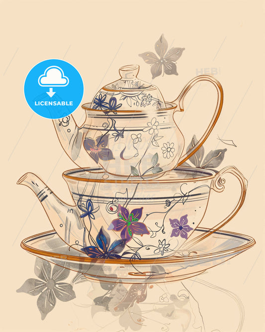 Serene Still Life: Tea Time in Bold Lines - A tea set with a teapot and a teacup