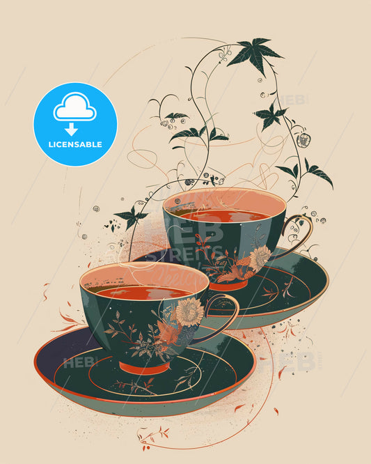 Serene Japanese Tea Ceremony Line Art - A teacups with a floral design