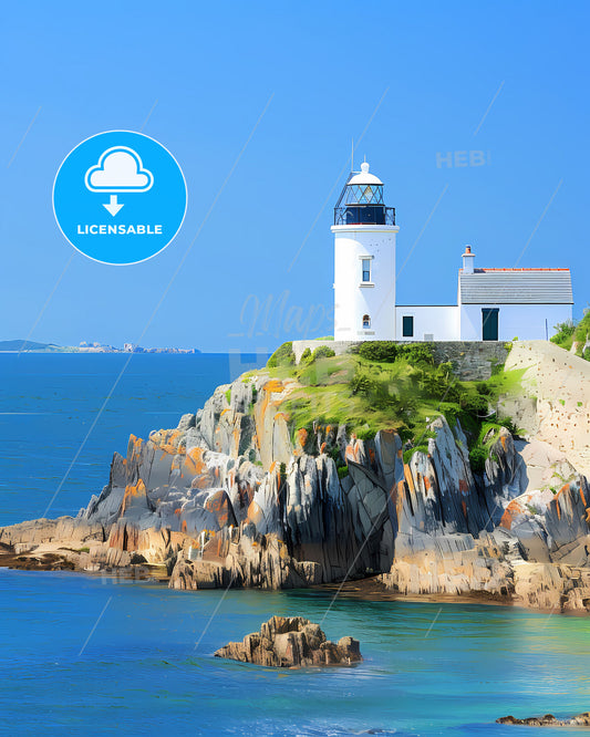 Lighthouse on Loutre Island Near Guernsey, France, with Vibrant, Painterly Detail High Resolution