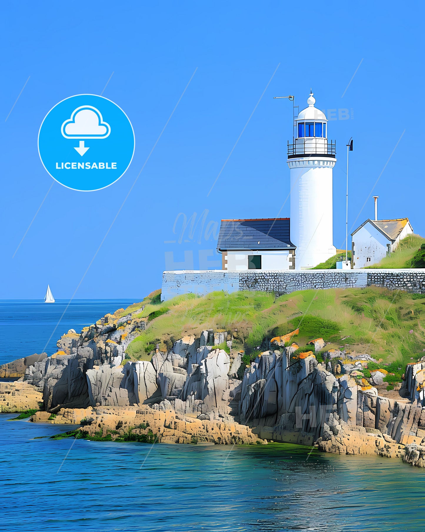 Lighthouse, rocky coast, Loutre island, France, Guernsey, bretagne, blue sky, white building, photo realistic, wide angle, high resolution, art