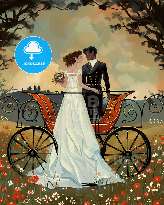 Luxurious Carriage with Gold Accents: Couple in Formal Attire Surrounded by Blooming Flowers in an Idyllic Landscape, Symbolizing their Journey