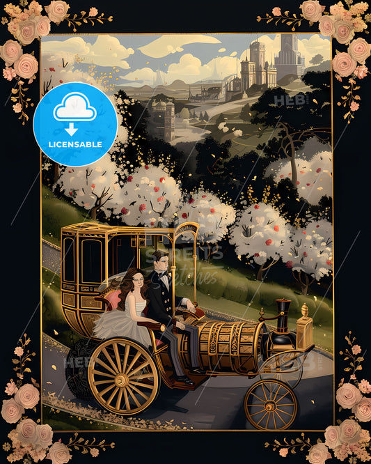 Luxurious Carriage with Gold Accents, Elegant Couple, Blooming Flowers, Idyllic Landscape, Journey Together, Vibrant Painting