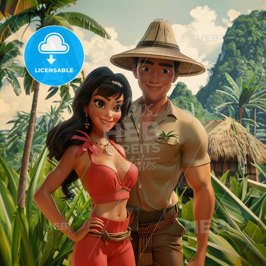 A man and a woman. Palmtrees and rice terraces - A cartoon of a man and a woman in a jungle