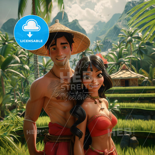 A man and a woman. Palmtrees and rice terraces - A cartoon of a man and a woman in a tropical forest