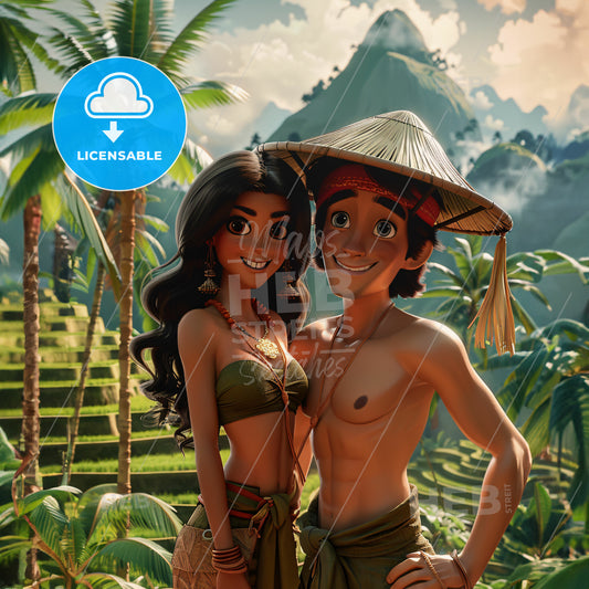 A man and a woman. Palmtrees and rice terraces - A cartoon of a man and a woman in a tropical forest