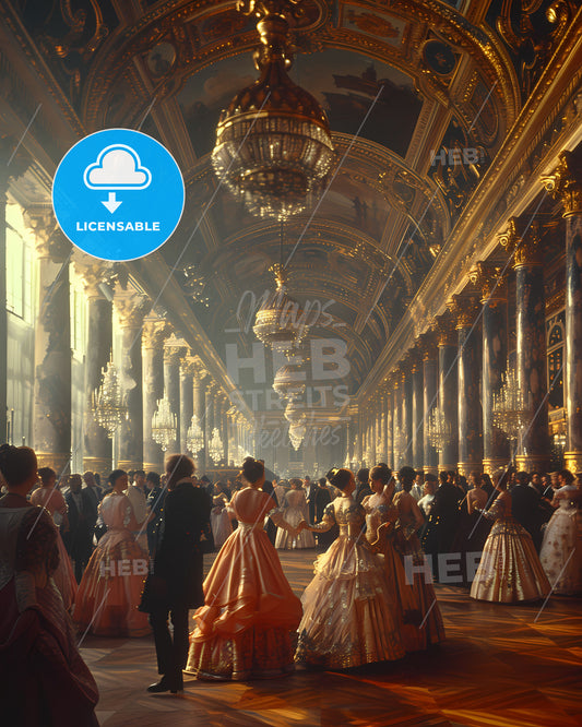 18th Century Dancing Scene: Elegant Couple in Autumnal Grand Hall of Saint Petersburg