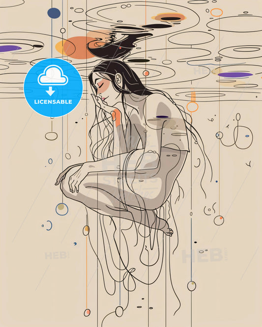 Tranquil Solitude: Man's Reflection in Azure Serenity - A woman sitting in water with her head in her hands