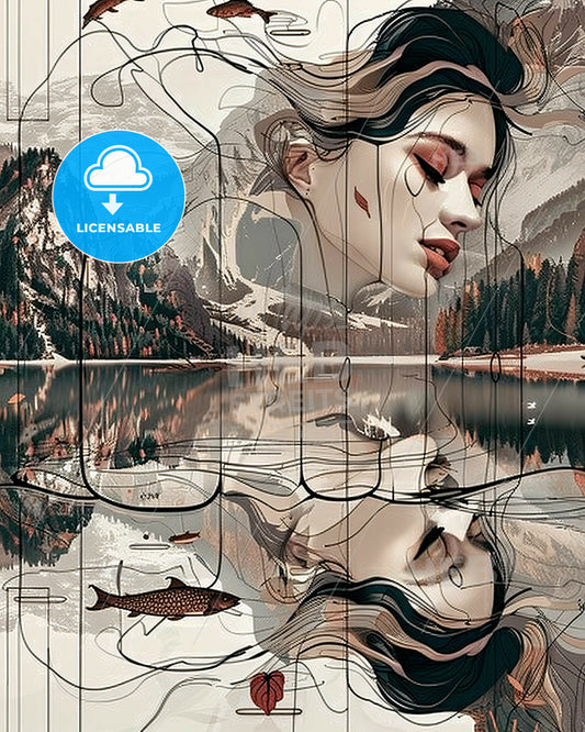 Tranquil Muse: Introspective Silhouette on a Beige Canvas - A painting of a woman's face and a lake