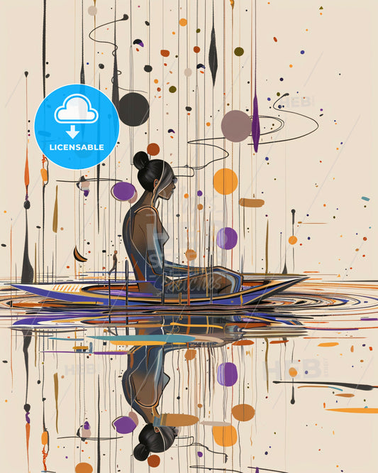 Tranquil Reflection: Lines and Hues in Nature's Mirror - A woman sitting on a boat in water