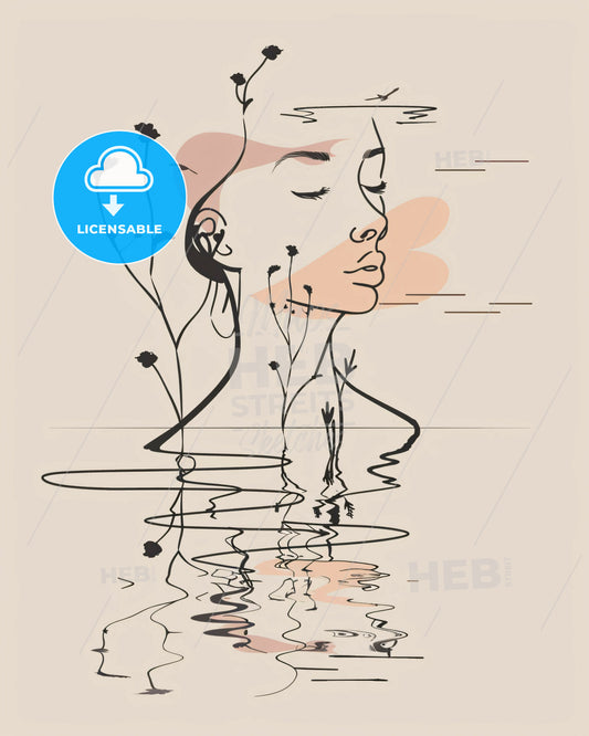Lake Reflection: Serenity in Lines of Color - A drawing of a woman's face with flowers