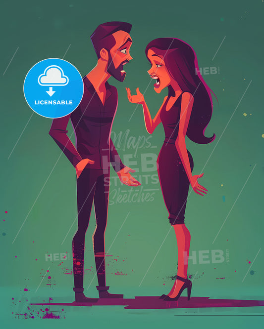 Cartoon of a Happy Man Explaining Something to a Confused Woman, Highlighting the Vibrant Art Style