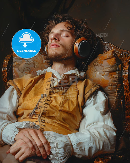 Baroque Extravagant Oil Painting: Man with Headset Listening to Music in Rococo Room