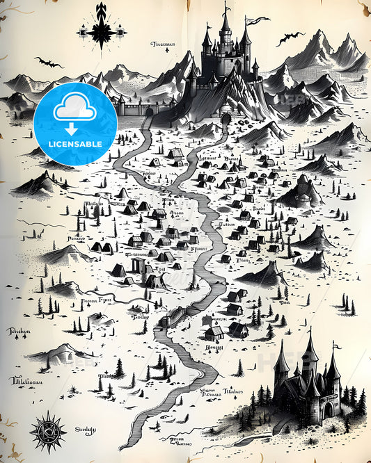 Vibrant Fantasy Castle Map: Evil Vampire's Domain in Majestic Mountains