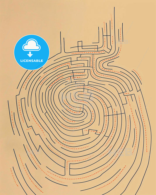 London Maze: Minimalist Line Art in Beige - A maze with a circular pattern