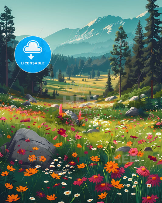 Vibrant Meadow Art: Field of Flowers and Rocks amidst Distant Forest Landscape Painting